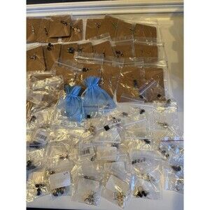Handmade Jewelry Lot 97 pairs earrings 12 necklaces plus displays & packaging